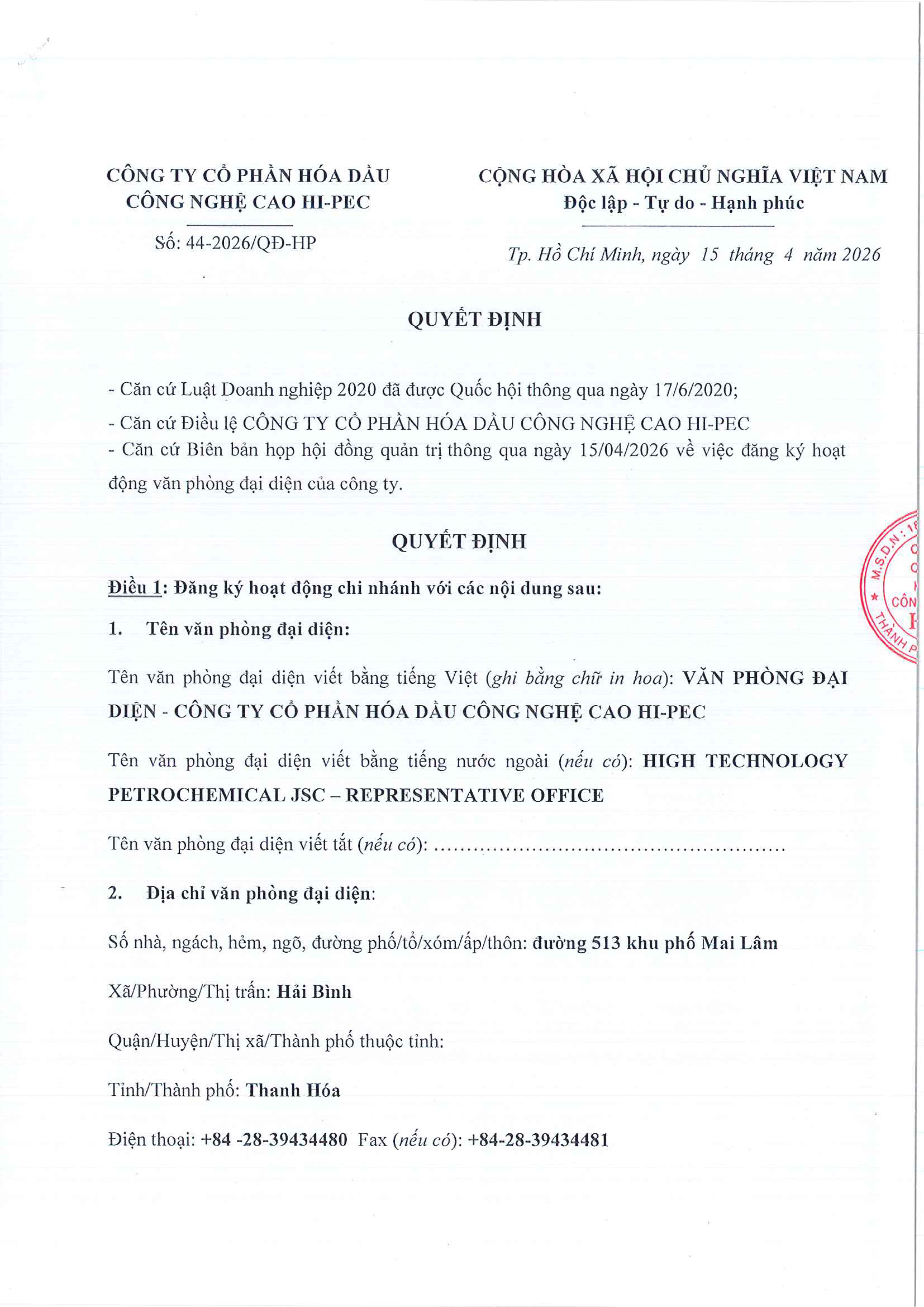 THÀNH LẬP VĂN PHÒNG ĐẠI DIỆN NGHI SƠN - THANH HÓA