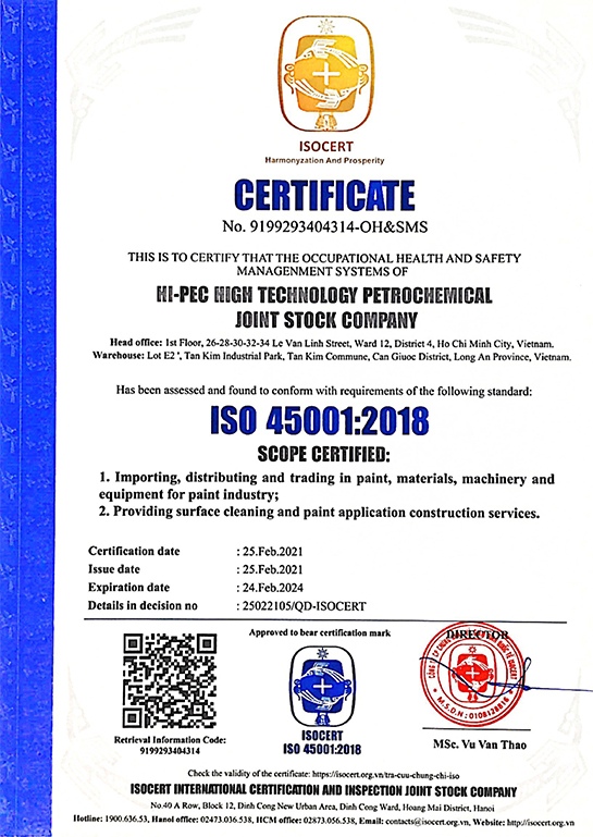 Chứng nhận ISO 45001:2018 Công ty HI-PEC